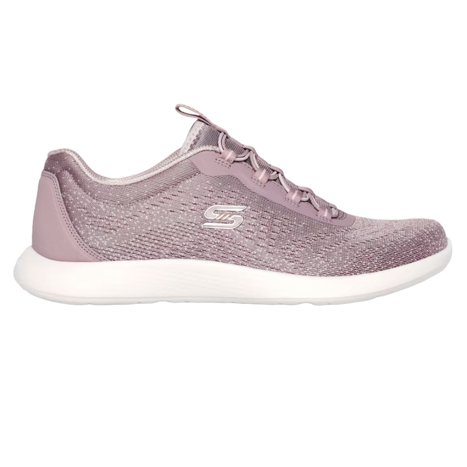 Light purple lace-up sneaker with a textured knit upper and a white cushioned sole, featuring a logo on the side.