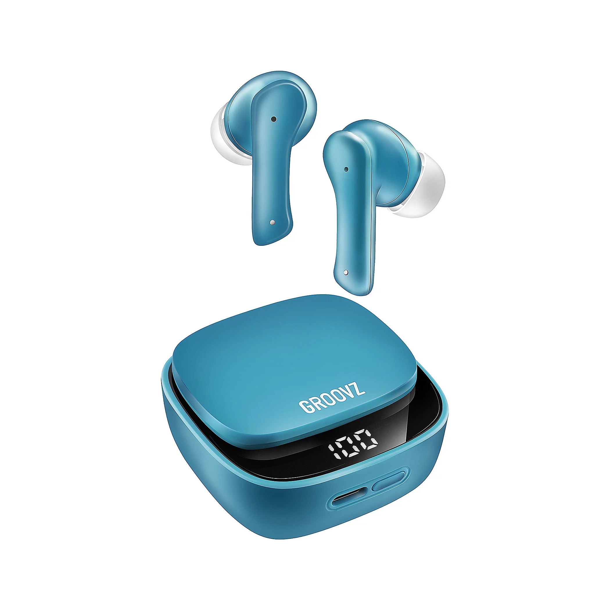 Blue wireless earbuds with a charging case labeled \“GROOVZ\“ featuring an LED display.