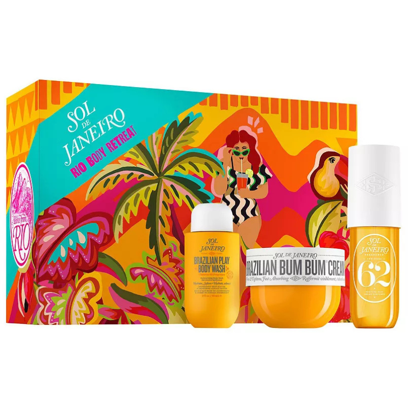 The 3-piece Sol De Janeiro Rio Body Retreat set includes Brazilian Play Body Wash, Brazilian Bum Bum Cream, and Brazilian Crush Fragrance Mist, featuring colorful packaging with tropical and vibrant illustrations.