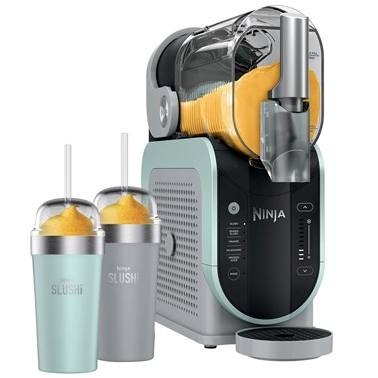 A Ninja brand slushie maker is displayed with two filled slushie cups.