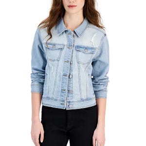 Light blue denim jacket with button-up front, flap chest pockets, and distressed detailing, paired with black pants.