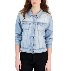 Light blue denim jacket with button-up front, flap chest pockets, and distressed detailing, paired with black pants.