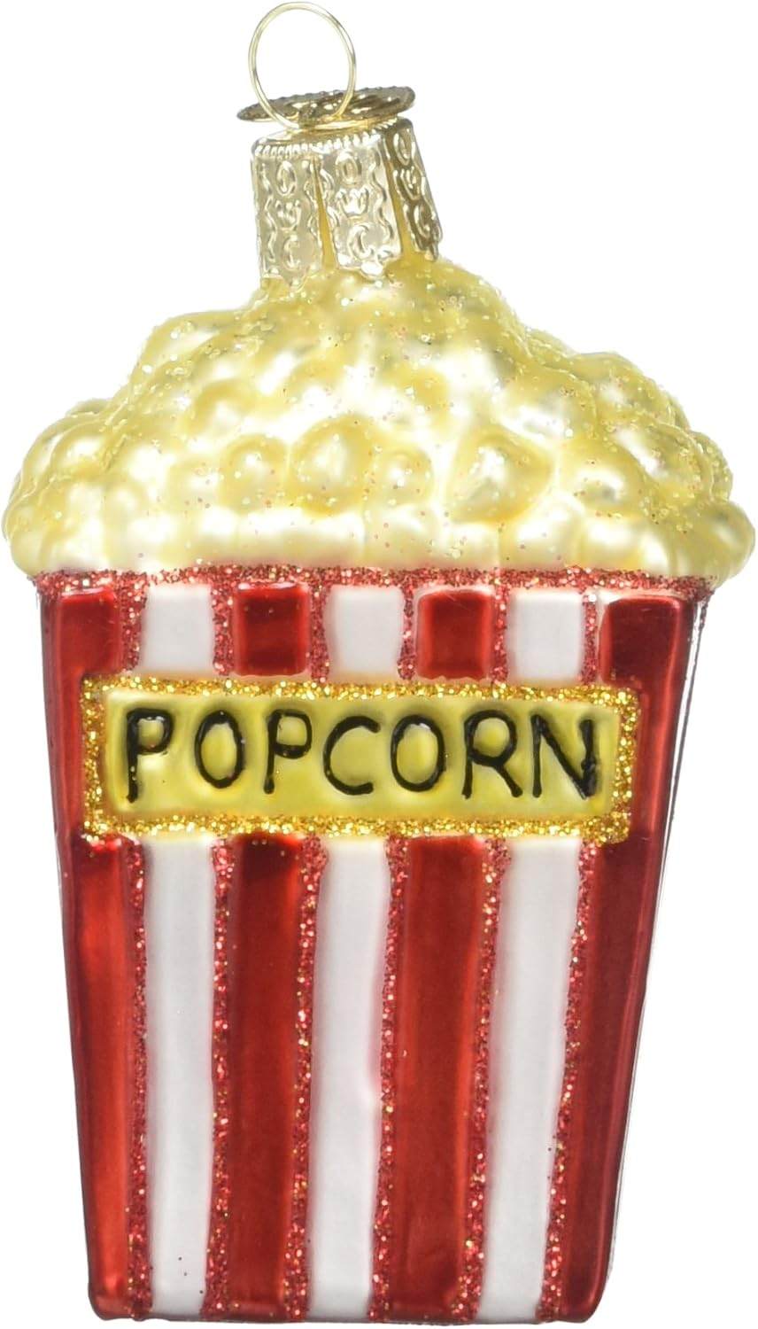 A popcorn-themed Christmas ornament featuring a red and white striped popcorn box with glittery accents.