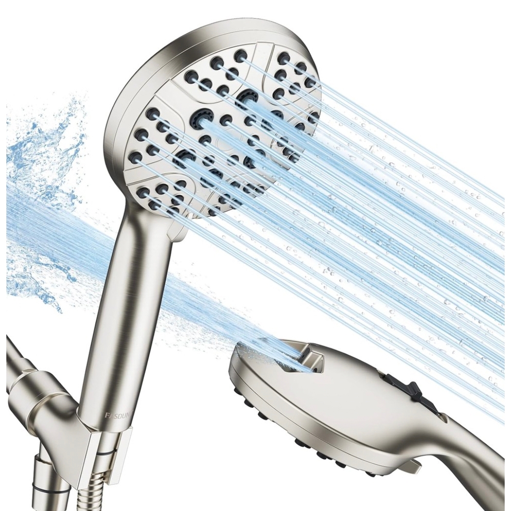 8-mode handheld shower head with a sleek design, featuring adjustable spray settings for a customizable shower experience, shown emitting water from various nozzles.