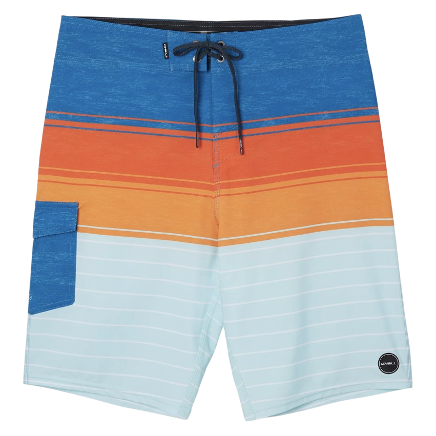 Blue and orange striped board shorts with a side pocket and drawstring waistband.
