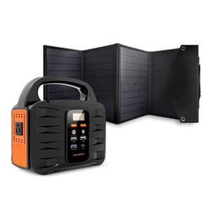 A compact, portable power station with multiple USB ports and an AC outlet, accompanied by a foldable solar panel for charging.