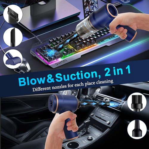 A 2-in-1 handheld device for blowing and suction cleaning, featuring different nozzles, ideal for keyboards and car interiors.