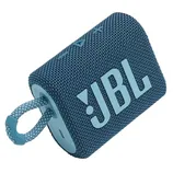 A compact, blue JBL portable Bluetooth speaker with a fabric covering and integrated carry loop.