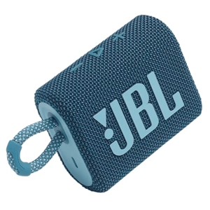 A compact, blue JBL portable Bluetooth speaker with a fabric covering and integrated carry loop.
