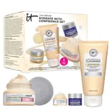 IT Cosmetics \“Your Ultimate Hydrate With Confidence Set\“ includes Confidence in a Cleanser (150 ml), Confidence in a Cream, Confidence in an Eye Cream, and a small jar of Beauty Sleep Night Cream.