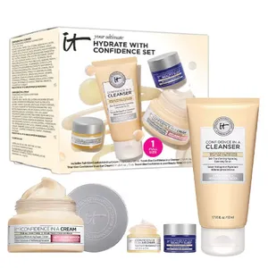 IT Cosmetics \“Your Ultimate Hydrate With Confidence Set\“ includes Confidence in a Cleanser (150 ml), Confidence in a Cream, Confidence in an Eye Cream, and a small jar of Beauty Sleep Night Cream.