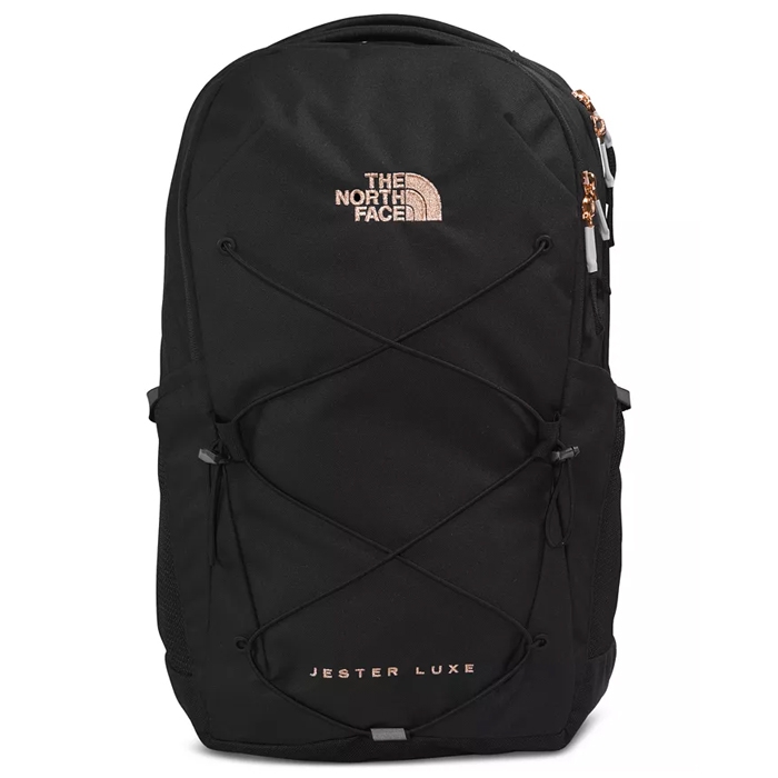 The North Face Jester Luxe Backpack is a black backpack featuring a sleek design with a front bungee system, spacious compartments, and a top logo. It offers practical organization for everyday use.