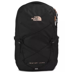 The North Face Jester Luxe Backpack is a black backpack featuring a sleek design with a front bungee system, spacious compartments, and a top logo. It offers practical organization for everyday use.