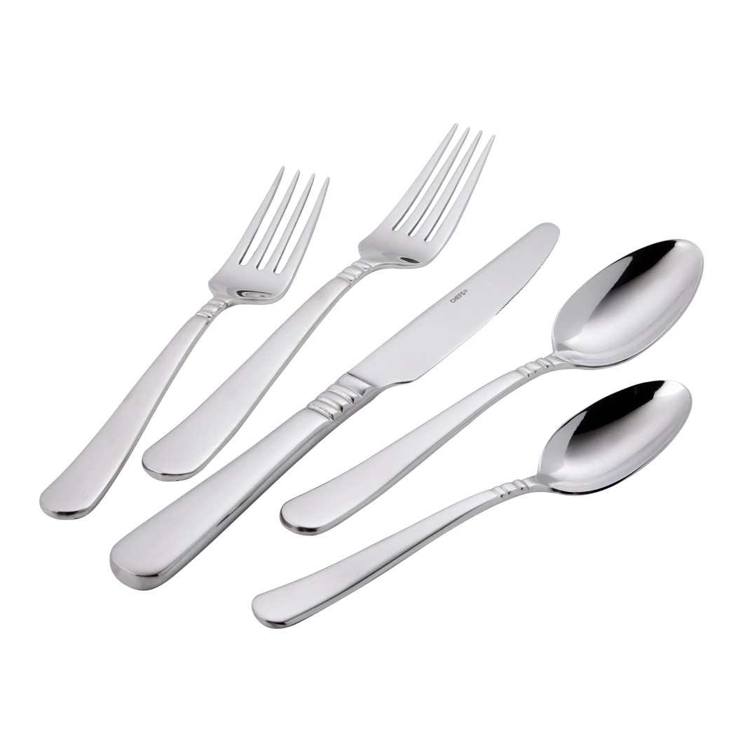 A 44-piece stainless flatware set includes forks, knives, and spoons with a sleek, modern design. The set features a polished finish, suitable for both casual and formal dining.