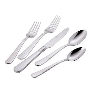 A 44-piece stainless flatware set includes forks, knives, and spoons with a sleek, modern design. The set features a polished finish, suitable for both casual and formal dining.