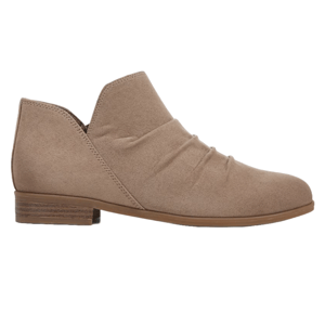 Dr. Scholl's Rae Shooties feature a soft, textured beige upper with subtle pleating and a low stacked heel, providing a casual yet stylish look suitable for everyday wear.