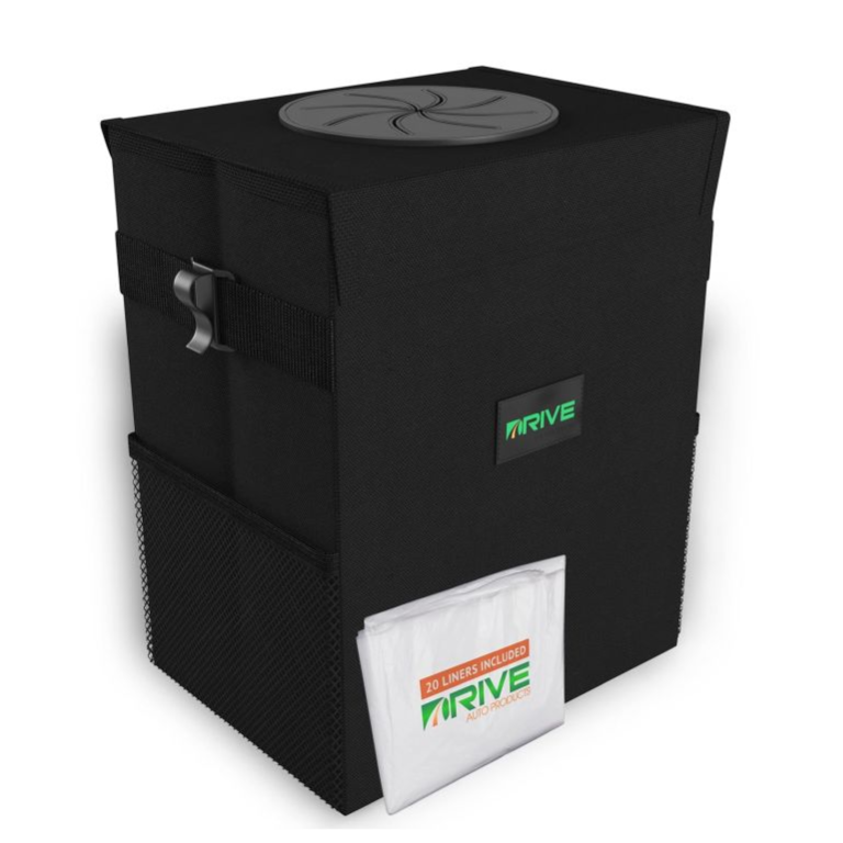 A black collapsible automotive trash can with a secure lid, side mesh pockets, and a pack of 20 liners from \“Drive Auto Products.\“