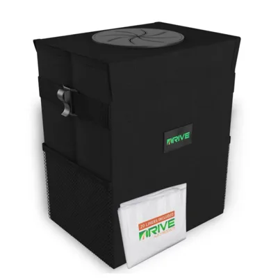 A black collapsible automotive trash can with a secure lid, side mesh pockets, and a pack of 20 liners from \“Drive Auto Products.\“