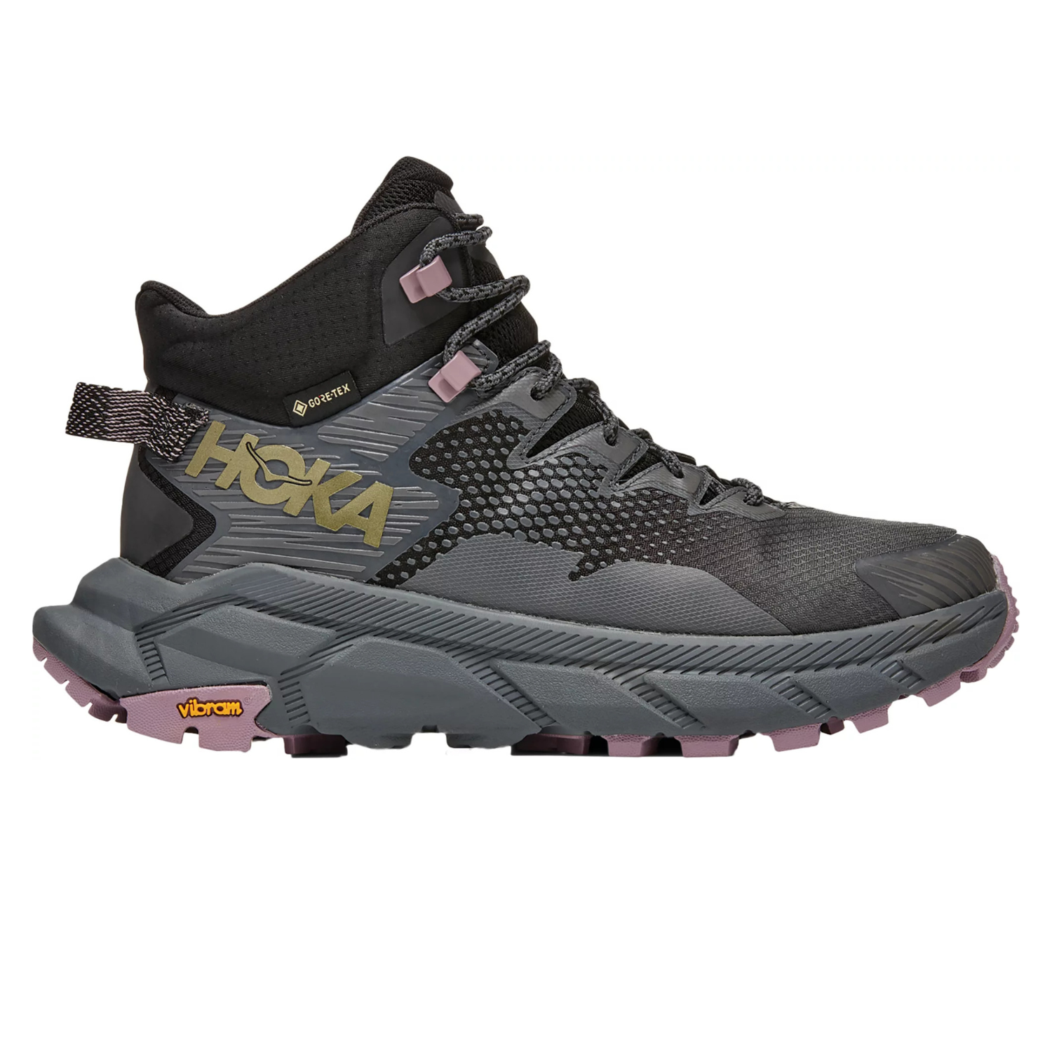 HOKA Trail Code GTX Hiking Boots feature a sturdy black and gray design with GORE-TEX for waterproofing, Vibram soles for traction, and durable laces with pink accents. Ideal for hiking.