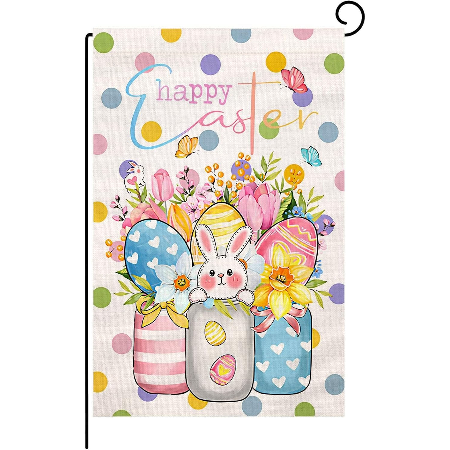 A colorful garden flag features the words \“Happy Easter\“ with pastel polka dots, a bunny, eggs, flowers, and butterflies.