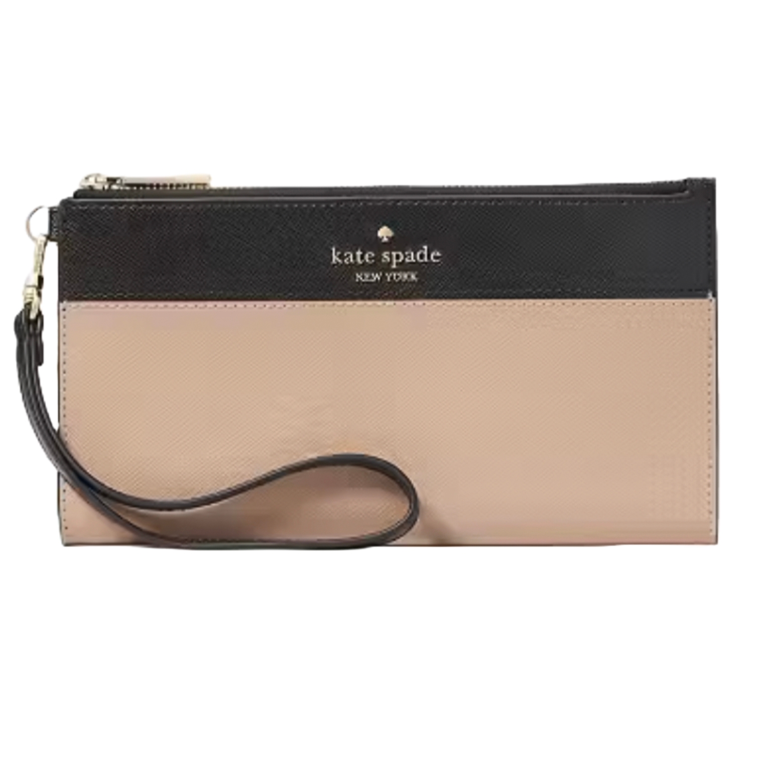 A Kate Spade New York wristlet in black and beige with a detachable strap and zip closure.