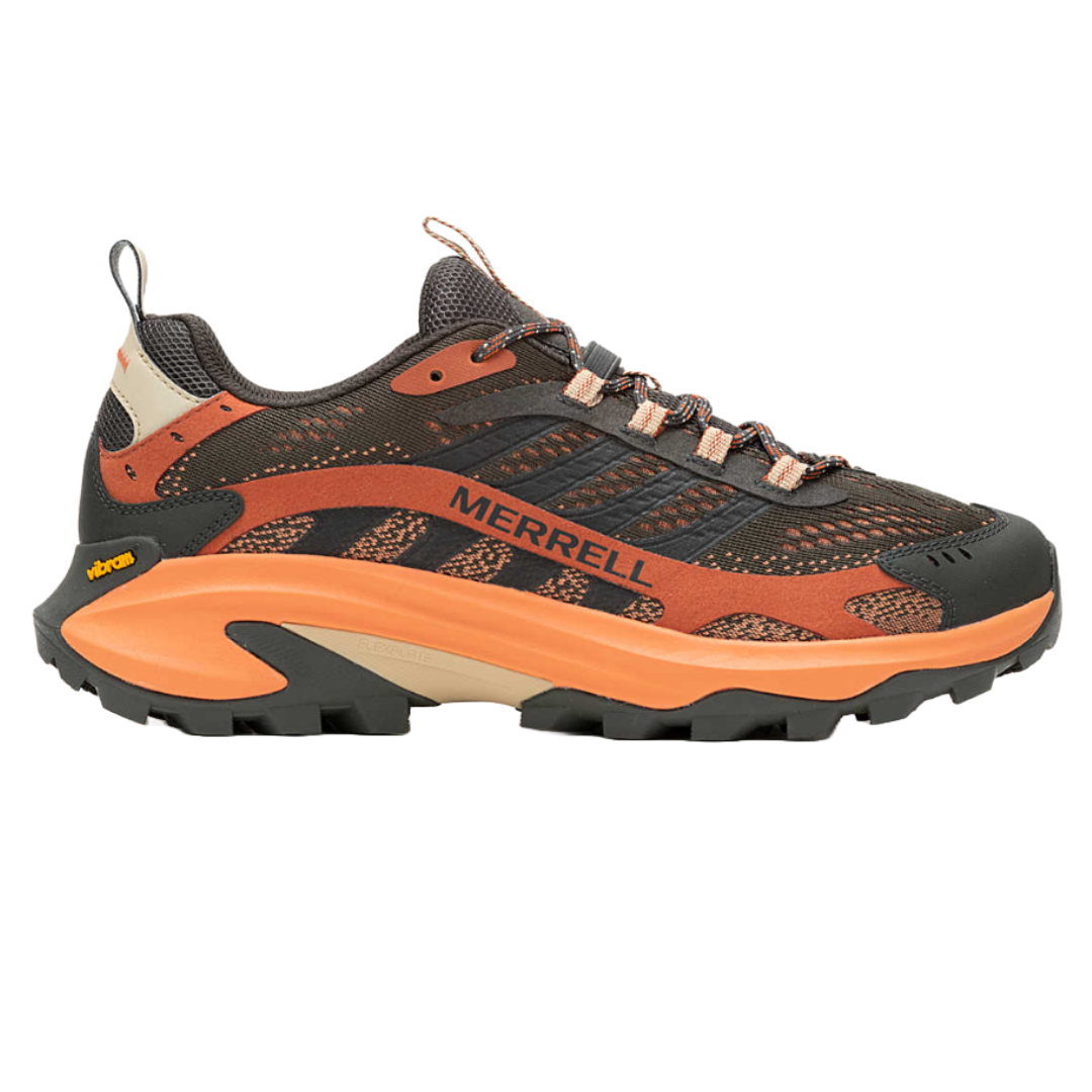 Merrell hiking shoe in orange and black with a Vibram sole, featuring mesh panels, lace-up closure, and robust tread for outdoor use.