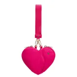 A bright pink, heart-shaped wristlet with dual zippered compartments, a gold clasp, and a detachable strap featuring the Lululemon logo.