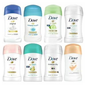 A variety of Dove Antiperspirant sticks, including Original, Mineral Touch, Go Fresh (Cucumber and Pear), Sensitive, Soft Feel, Invisible Dry, and Silk Dry. Each contains moisturizing cream, offers 48-hour protection, and is alcohol-free.