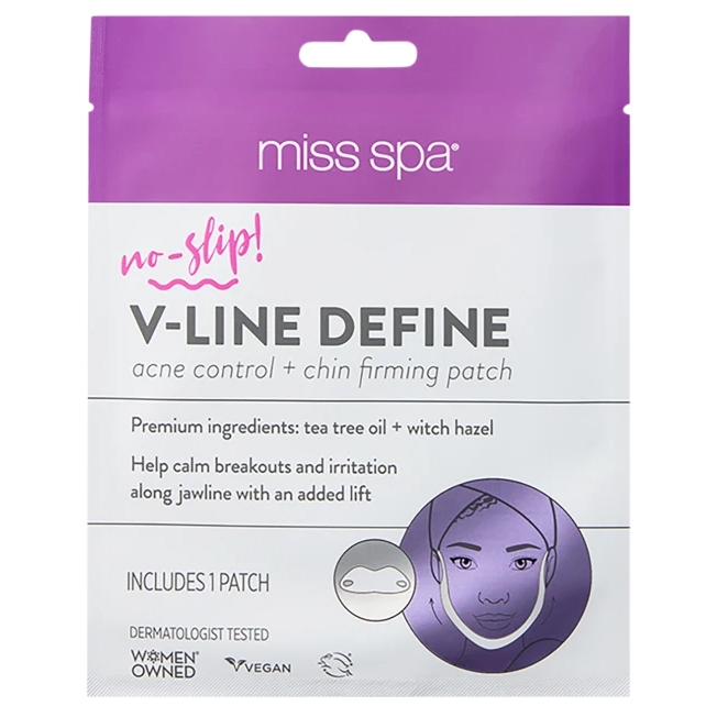 Miss Spa V-Line Define patch provides acne control and chin firming with tea tree oil and witch hazel. It's no-slip, dermatologist-tested, vegan, and women-owned, aimed at calming breakouts and irritation along the jawline. Includes 1 patch.
