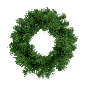 A simple evergreen wreath made of artificial pine branches, commonly used for holiday decoration.