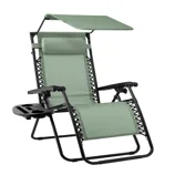 Green zero-gravity chair with an adjustable canopy, pillow, and attached side tray for drinks and small items.