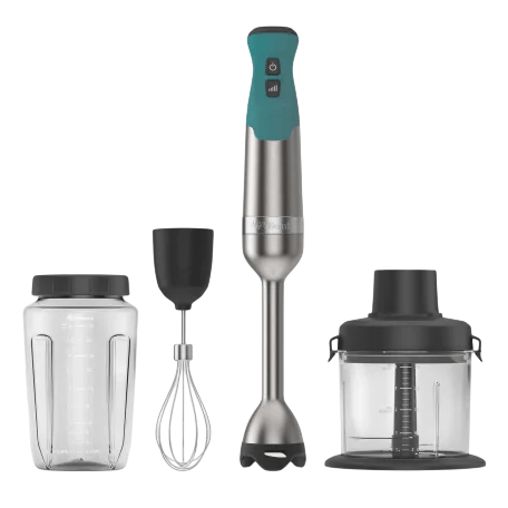 A hand blender set with attachments including a blending jar, whisk, and food processor.