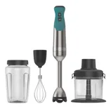 A hand blender set with attachments including a blending jar, whisk, and food processor.