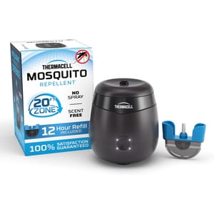 Thermacell Mosquito Repeller creates a 20-foot zone of mosquito protection using a scent-free and spray-free method, includes a 12-hour refill, and guarantees satisfaction.