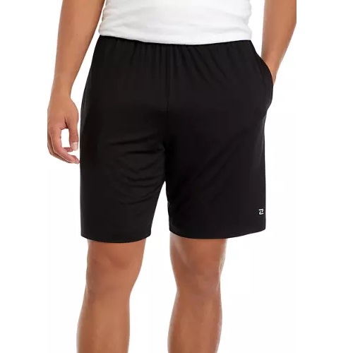 A pair of men's black athletic shorts with a small logo on the left leg.