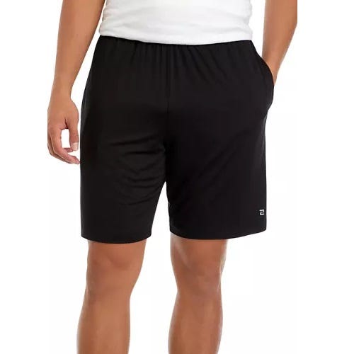 A pair of men's black athletic shorts with a small logo on the left leg.