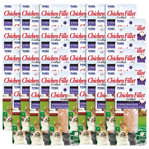 Inaba Chicken Fillet Grilled treats for cats are shown, each in individual packaging. The packs display images of cats and feature \“Chicken Fillet Grilled in Shrimp Flavored Broth\“ text.