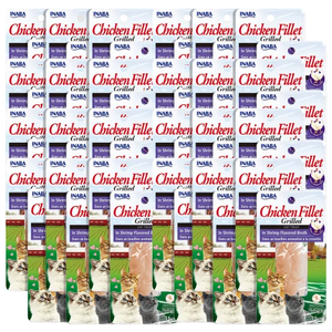 Inaba Chicken Fillet Grilled treats for cats are shown, each in individual packaging. The packs display images of cats and feature \“Chicken Fillet Grilled in Shrimp Flavored Broth\“ text.