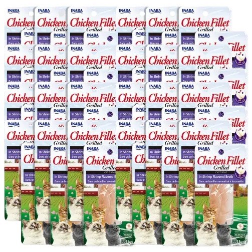 Inaba Chicken Fillet Grilled treats for cats are shown, each in individual packaging. The packs display images of cats and feature \“Chicken Fillet Grilled in Shrimp Flavored Broth\“ text.