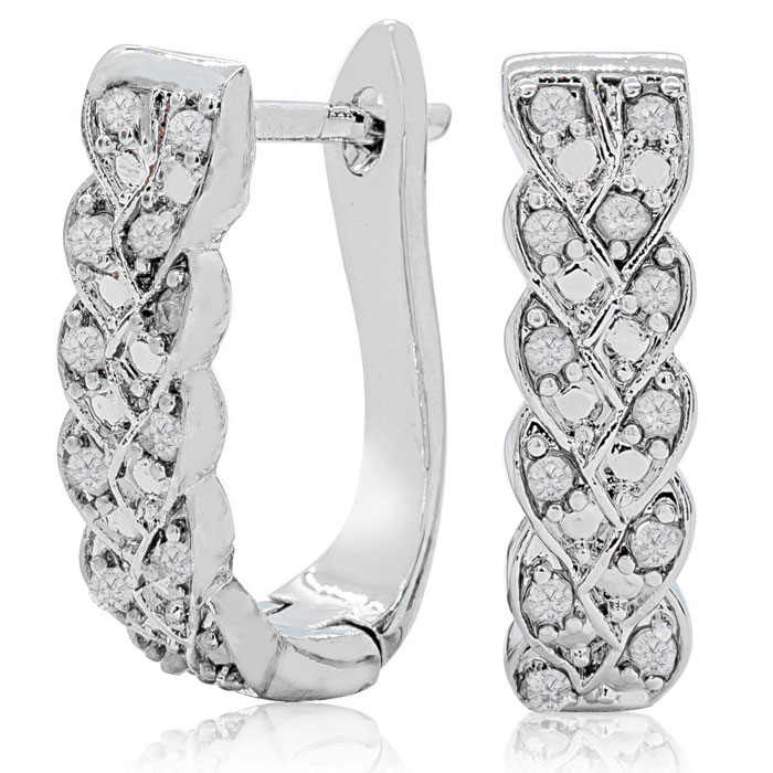 1/4ct Diamond Hoop Earrings feature an intricate design with small diamonds set in a crisscross pattern on a silver tone, creating a stylish and elegant look suitable for various occasions.