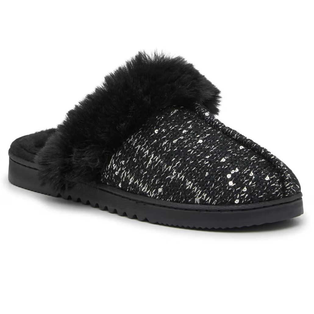 Black slipper with a faux fur trim and sequined knit upper, featuring a textured black sole.
