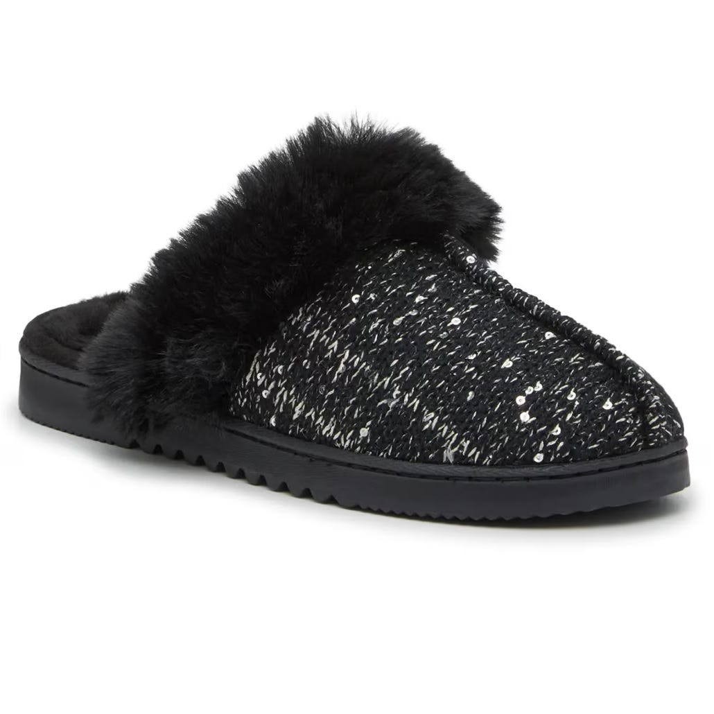 Black slipper with a faux fur trim and sequined knit upper, featuring a textured black sole.