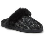 Black slipper with a faux fur trim and sequined knit upper, featuring a textured black sole.
