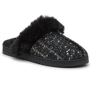 Black slipper with a faux fur trim and sequined knit upper, featuring a textured black sole.