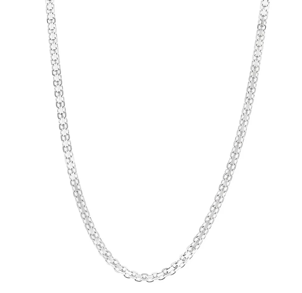 A silver chain necklace featuring interlocking links, showcasing a simple and elegant design.