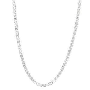 A silver chain necklace featuring interlocking links, showcasing a simple and elegant design.
