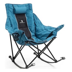 A blue and black collapsible rocking camping chair with a headrest and a cup holder, featuring a sturdy metal frame.