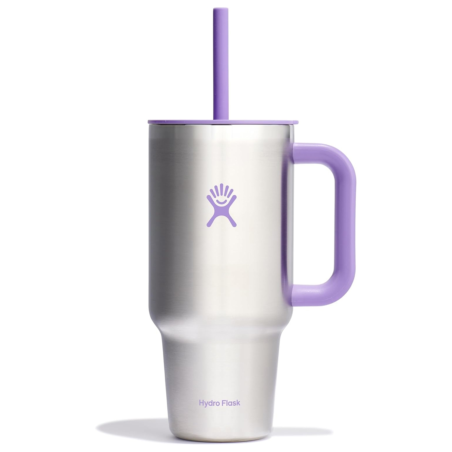 A stainless steel 32oz Hydro Flask Travel Tumbler with a purple handle, lid, and straw, featuring a purple Hydro Flask logo.