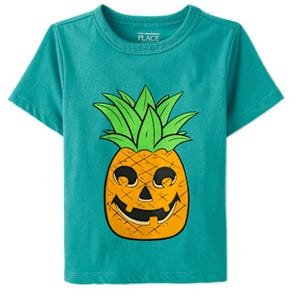A turquoise t-shirt with a graphic of a smiling pineapple carved like a jack-o'-lantern.