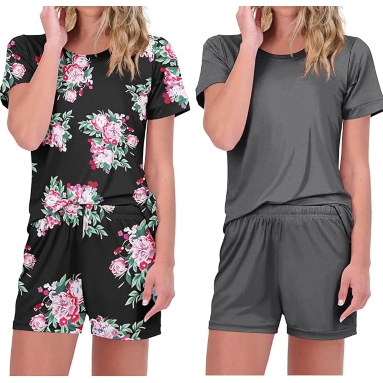Two casual women's sleepwear sets: one features a black floral print and the other is solid gray, both with short sleeves and elastic waist shorts.